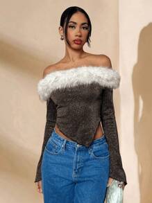 Glamine Ensemble de vêtements vintage pour le Nouvel An Élégant manteau de fourrure et garniture métallique Manches évasées Ourlet asymétrique Col tee-shirt à manches longues pour femme pour les fêtes d'hiver, Tenue de luxe pour soirée, Top pailleté automne/hiver pour les tenues de fête de Noël