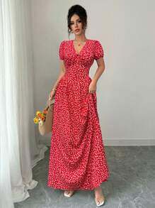 Elenzga Đầm dài tay bồng eo đàn hồi thanh lịch mùa hè cho nữ, Đầm maxi. Dành cho mùa xuân/hè, trang phục hòa nhạc cho nữ, thanh lịch phù hợp để đi làm hàng ngày, lễ hội âm nhạc, trang phục ngày lễ - Đỏ - Xem 4