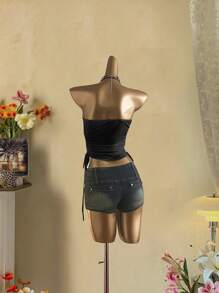 Attitoon Damen Lässig Retro Punk gerafftes Tube Top mit Krawattenfront - Verschiedenfarbig - Übersicht 3