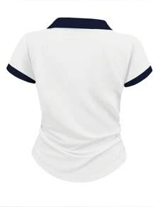 女式休闲拼色褶皱T恤，夏季 - 白色 - 查看 2