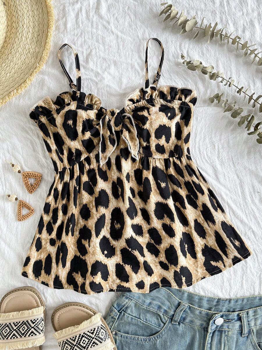 SHEIN Tween Girl Vacation Leopard Print Ruffle Splice Tie-Front Bow Cami Top , Fall Girl Clothes, Halloween Customs Girl, Concert - Brown - View 1
