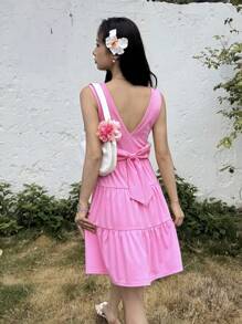 SHEIN Teens' Girl Casual Simple Comfortable Round Neck Sleeveless Ruffle Hem Dress With Bowknot Back Design - Hot Pink - View 6