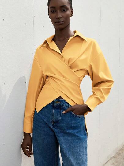GENKIRA Áo sơ mi công sở Solid Criss Cross Quấn Phía Trước