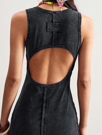 Bohemela Casual Solid Color Knitted Fitted Sleeveless Round Neck Washed Long Dress For Women