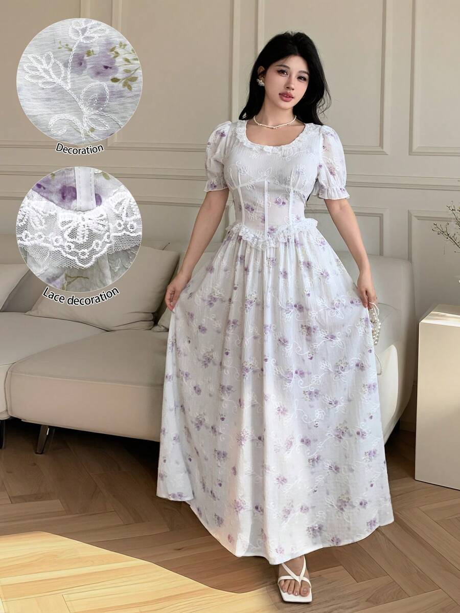 Modelyn Spring/Summer Puff Sleeve Round Neck Lace Trim Slim Fit Flare Hem Dress - Multicolor - View 1
