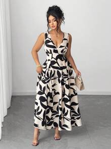 Elenzga 大码优雅女士连衣裙 V 领无袖纽扣褶饰腰部双色花卉印花春夏 - 杏色 - 查看 4