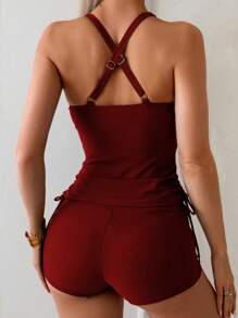 Swim Basics 2pcs Military Green Twist Cup Cross Back Ruched Drawstring Women Swimwear Set For Summer Beach Vacation - Burgundy - View 2