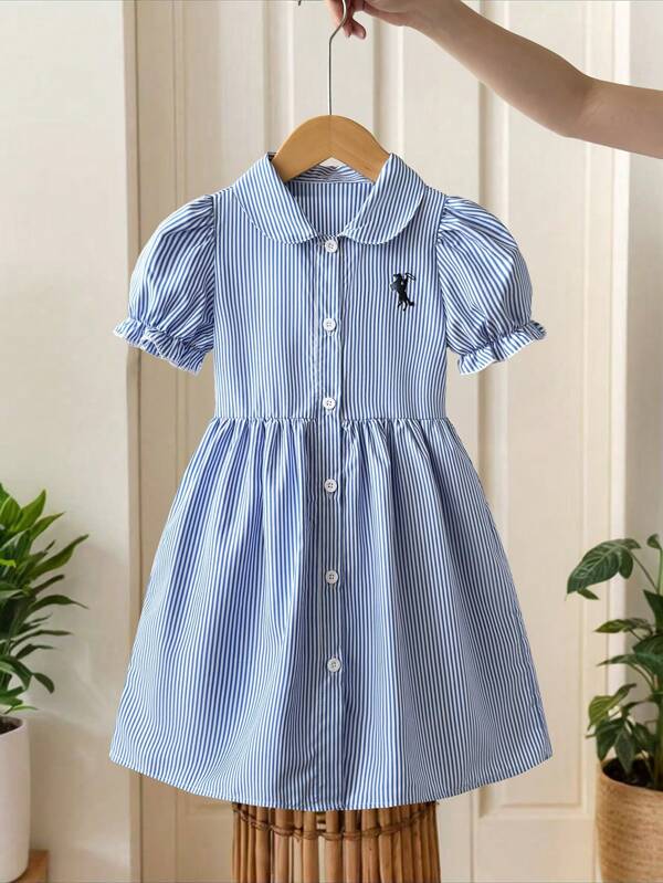 Young Girl' Striped Embroidered Pony Collar Puff Sleeve Woven Casual Dress, Suitable For Summer