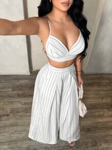 SHEIN SXY 2 件女式条纹露背细肩带上衣和长裤套装，夏季条纹两件套两件套阔腿裤套装条纹阔腿裤两件套女式夏季两件套度假两件套 - 黑與白 - 查看 6