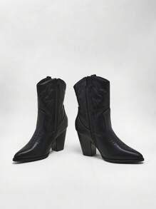 Solezae 女士尖头西部风粗跟中筒靴 - 黑色 - 查看 4