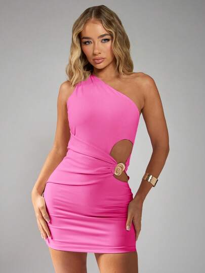 MISSGUIDED 单肩迷你连衣裙，镂空设计，适合晚宴、夜店、夏季春季穿着，修身褶皱，优雅大衣