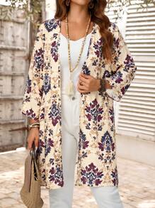 EMERY ROSE Plus Size Women's Early Spring Green Printed 3/4 Sleeve Boho Coat Country Concert Suitable For Spring And Summer Fall Women Clothes Winter Autumn - Multicolor - View 3