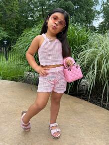 SHEIN Pink Hollow-Out Knit Top And Shorts Set For Young Girl - Pink - View 1