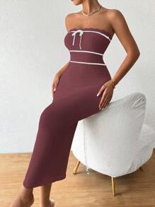 Chiquease 秋冬女士针织露肩连衣裙，性感高开叉连衣裙，度假风 - 巧克力棕 - 查看 8