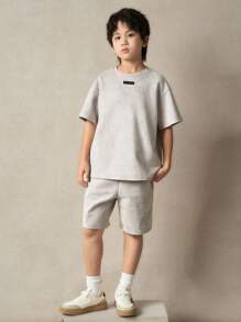 SHEIN 2pcs Tween Boys Versatile Casual Crew Neck Short Sleeve T-Shirt And Shorts Set, Suitable For Commuting, School, Everyday Leisure, Sports, Spring/Summer