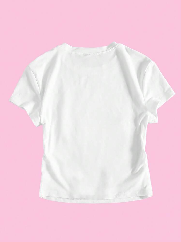 SHEIN Unity Women's Summer Cropped T-Shirt With Hibiscus Flower Y2K Exposed Midriff Short Sleeve White Baby Tee - White - View 2