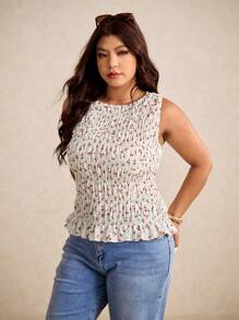 Elaquor 大码女式碎花荷叶边下摆圆领背心