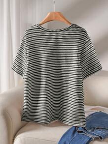 CosyJoli Plus Size Women Striped Print Round Neck Short Sleeve Casual Old Money Summer T-Shirt,Slightly Sheer - Army Green - View 6