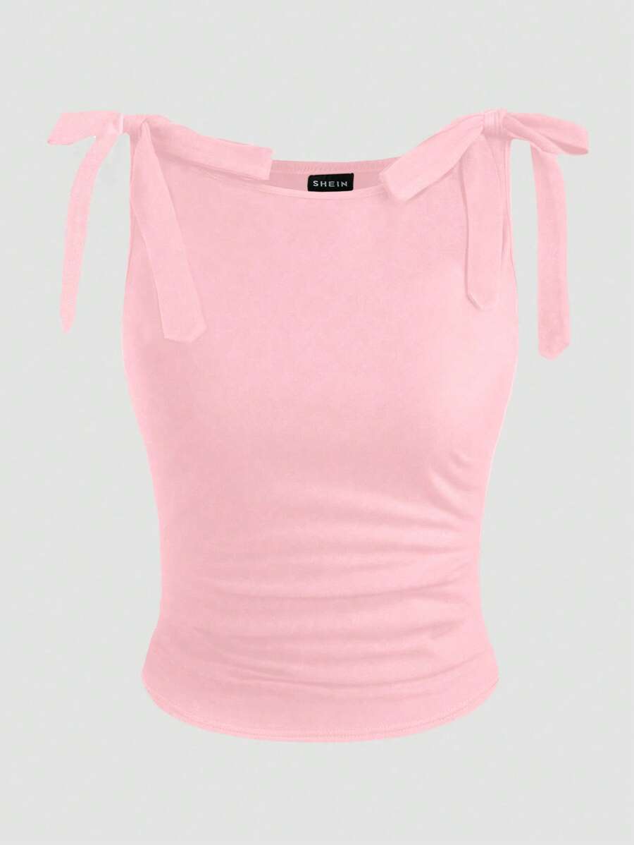 SHEIN Clasi Top sin mangas de verano para mujer con cuello redondo y diseño de tirante con lazo, estilo ajustado joven y de moda