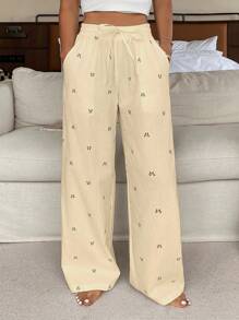 DAZY 可爱蝴蝶结印花宽松睡裤，秋季 - 杏色 - 查看 3