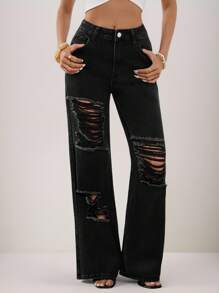 EMERY ROSE Women's Pocket Ripped Flare Loose Casual Versatile Jeans