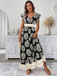 SHEIN LUNE Shirred Cap Sleeve Cinched Waist Ruffled Hem A-Line Dress, Casual Vacation Floral Print Women Dress,Bohemian Clothes