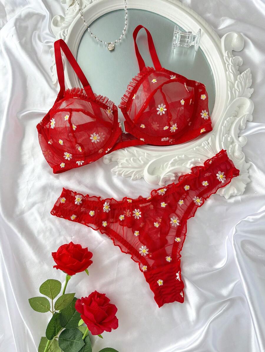 SHEIN Esselle 2 件套加大码浪漫刺绣钢圈性感内衣套装，提拉 - 紅色 - 查看 1
