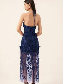 Aveloria Rosie 全新优雅法式时尚简约花卉 3D 面料露背修身连衣裙，精致优雅，适合婚礼和约会 - 藏蓝色 - 查看 3