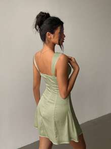 Aloruh 女士性感优雅方领修身缎面连衣裙 - 薄荷綠 - 查看 2