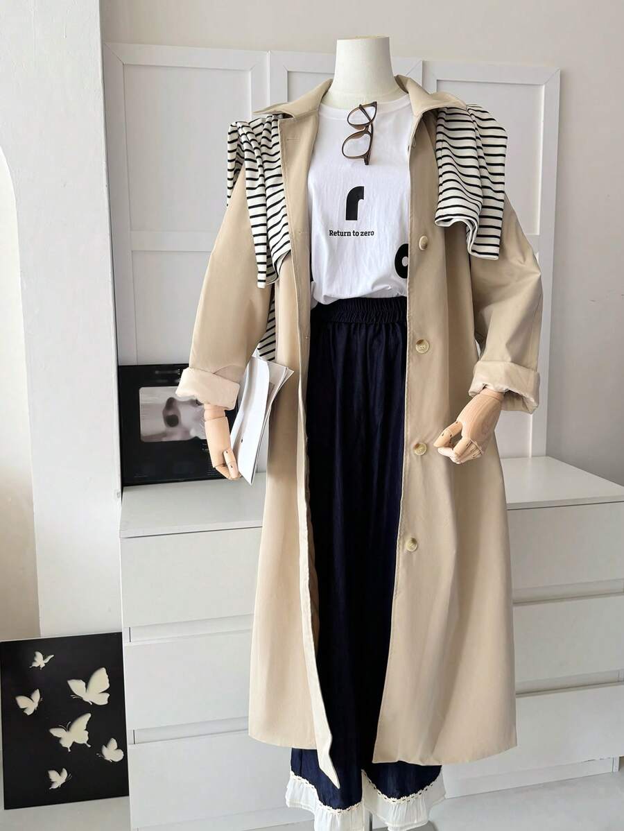 Dazy X KIMYOUJUNG Collection 女士纯色长袖单排扣长款休闲/工作风衣外套，秋季女装