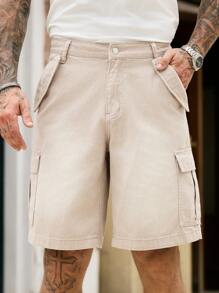 Manfinity Homme Men's Khaki Denim Cargo Shorts Casual Vacation Style With Zipper Details - Khaki - View 7