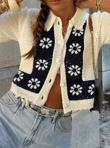 INAWLY Women's Floral Print Hollow Out Single Breasted Short Sleeve Cardigan, Suitable For Vacation - Multicolor - View 5