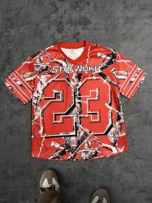 青少年街头时尚混合风格篮球服，宽松 V 领美式嘻哈迷彩印花 23 号短袖 T 恤，网眼面料