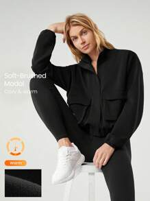 GLOWMODE 莫代尔羊毛保暖弹力宽松工装夹克，带侧袋，日常休闲冬季 - 黑色 - 查看 1