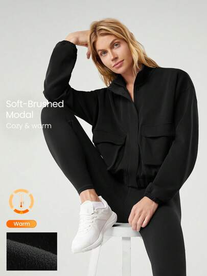 GLOWMODE 莫代尔羊毛保暖弹力宽松工装夹克，带侧袋，日常休闲冬季