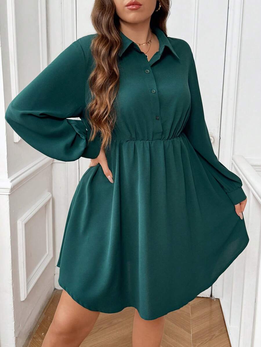 SHEIN Frenchy Plus Size Waist Cinched Green Casual Dress, Fashion Versatile Must-Have For Plus Size Women Everyday & Outings - Dark Green - View 1