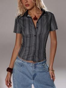 TRNVIE Pink Striped Waist-Cinched Elegant Women's Short Sleeve Blouse - Black - View 3