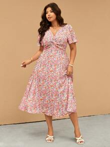 Elaquor 大码女式碎花褶皱短袖休闲度假连衣裙 - 彩色 - 查看 4