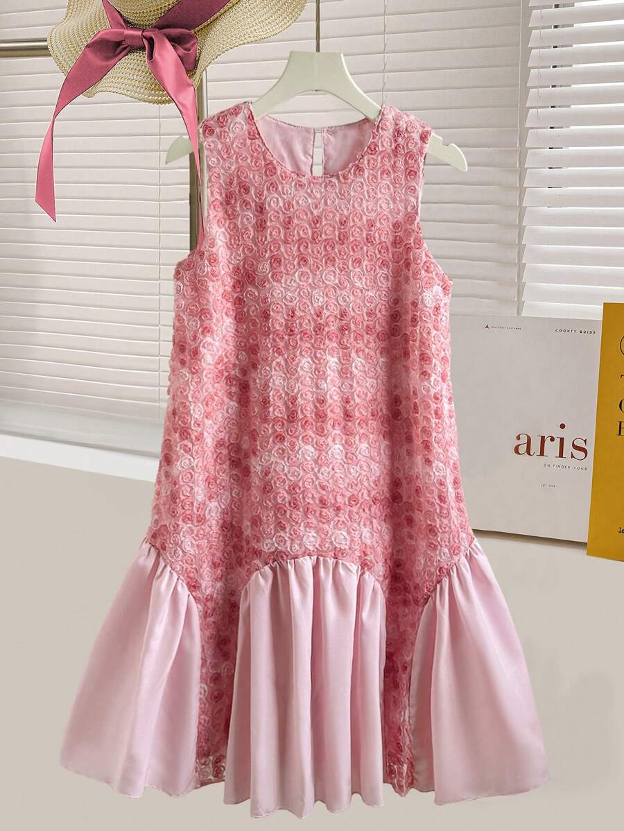 Tween Girl Fashion Elegant Sleeveless 3D Floral Mesh Splice Princess Party Dress - Pink - View 1