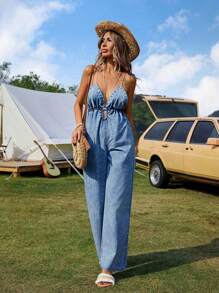 Breezaya Women's Summer Crossed Back Wide Leg Denim Jumpsuit - Medium Wash - View 7