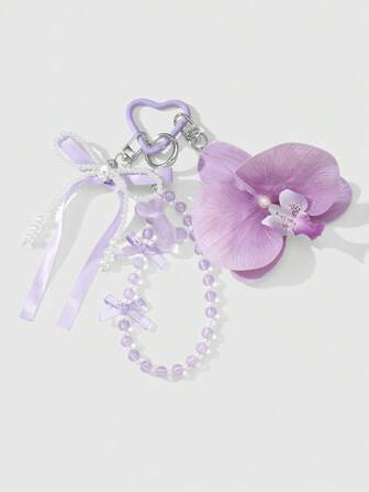 Kawaii 1pc Elegant Versatile Cute High-Quality Vacation Chiffon Purple Orchid Handmade Beaded Faux Pearl Ribbon Resin Bowknot Shiny Round Bead Bone Decor For DIY Keychain, Bag Charm, Phone Strap, Great Gift For Women