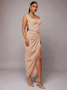 Silquee Váy suông hở vai bất đối xứng bằng vải lanh màu mơ lãng mạn cho ngày lễ tình nhân & đêm hẹn hò, váy dây mảnh xẻ tà bất đối xứng cho tiệc tùng, đám cưới, đêm hẹn hò, vũ hội, đi làm hàng ngày, kỳ nghỉ - Màu Khaki - Xem 5