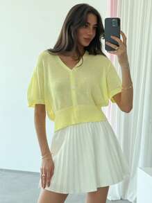 Aloruh Women's Plain Simple Daily Short Sleeve Knit Yellow Cardigan Top - Yellow - View 3