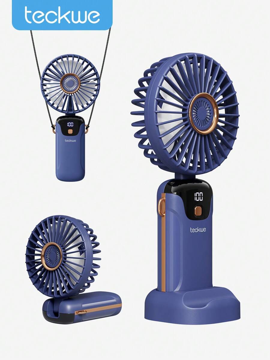 Teckwe 可攜式手持小風扇 USB充電 5段風速 90°可折疊 低噪音迷你風扇 附LED顯示 辦公室臥室戶外旅行露營用 桌上扇 開學假期度假夏季必備 藍色 - 藍色 - 查看 1