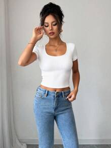 Elenzga 女士时尚休闲罗纹针织加厚胸围圆领短袖修身短款 T 恤