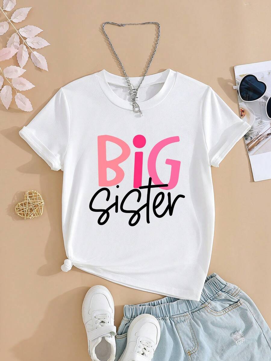 Tween Girls "Big Sister" Letter Print Round Neck Short Sleeve White T-Shirt Big Sister Shirt - White - View 1
