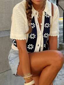 INAWLY Women's Floral Print Hollow Out Single Breasted Short Sleeve Cardigan, Suitable For Vacation - Multicolor - View 4