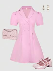 SHEIN Explorewe Vintage Slim Fit Pleated Waist Puff Sleeve Midi Dress For Teenage Girls, Loose & Comfortable, Elegant For Gatherings & Weddings, Suitable For Summer - Pink - View 1