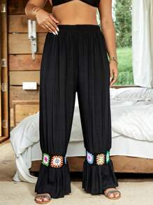 SHEIN Swim Curve Plus Size Hand Crochet Flower Loose Beach Coverup And Pants Set For Summer Beach Vacation - Black - View 4