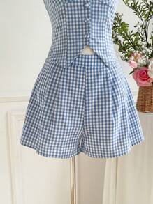 SHEIN Clasi 女士优雅吊带背心，收腰，不对称下摆，正面纽扣装饰上衣和格子松紧腰短裤 2 件套，适合夏季